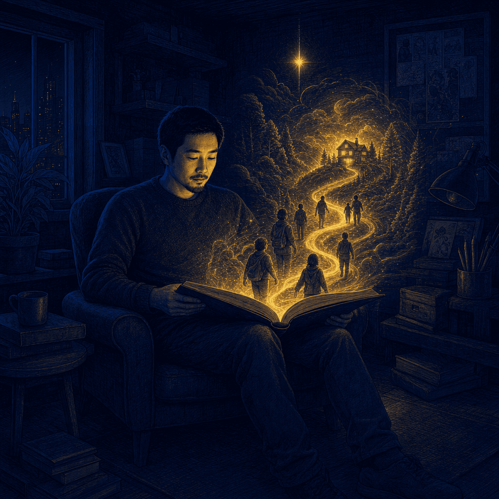 Royal-night inked comic: Alex as a storyteller with an open book, a whole story-world rising from its pages in warm gold light with a path leading to a distant glowing home as people step toward it.