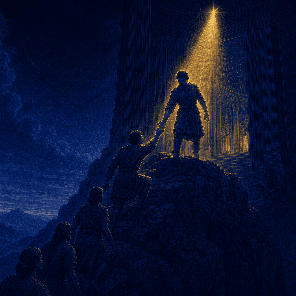 Royal-night inked comic: a figure near a summit with a shaft of gold light resting on him from above, reaching back and down to lift another climber toward the same light while a few more follow up the path. Stewarded influence, not status.