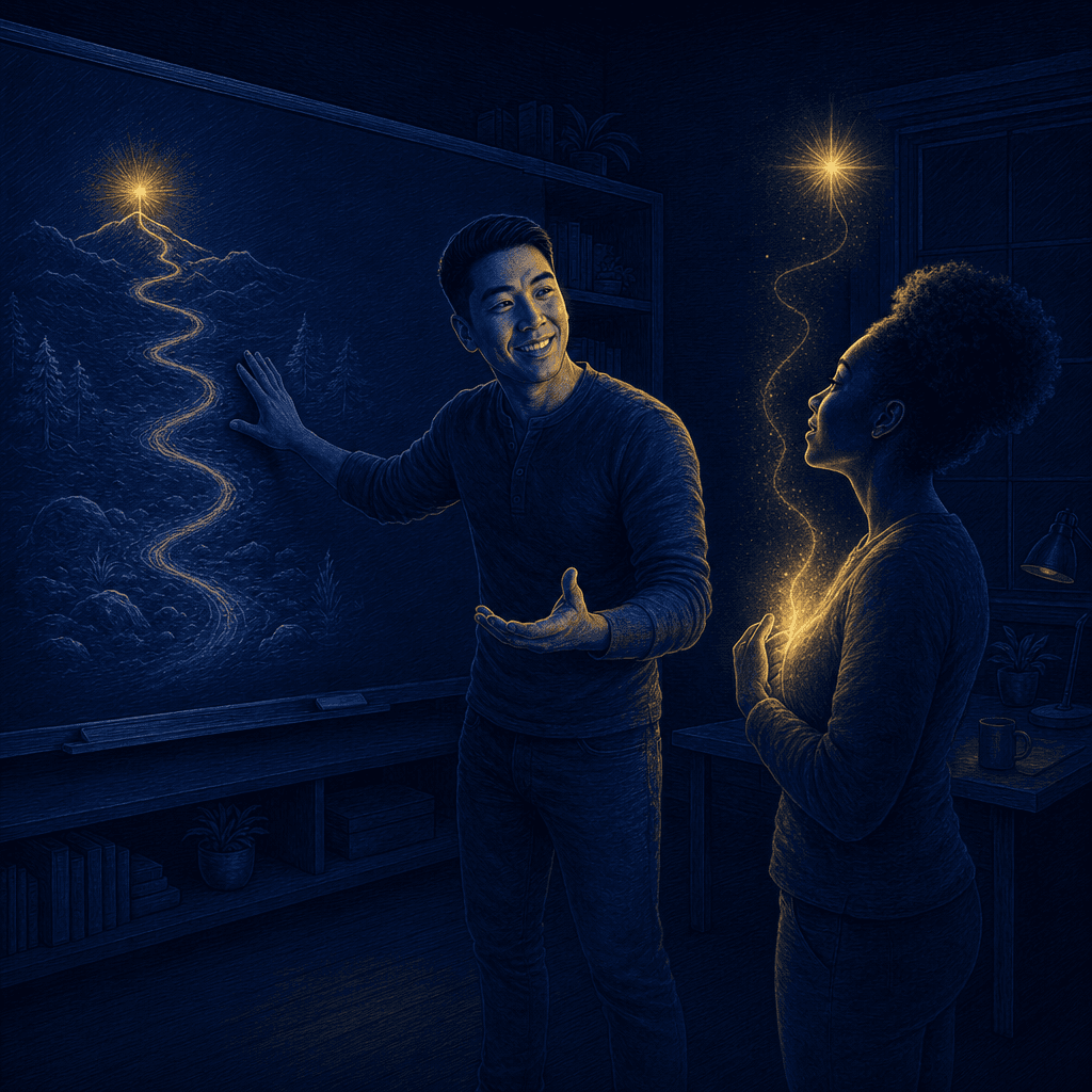 Royal-night inked comic of Gary at a whiteboard, one hand on a sketched path toward a gold spark, the other open toward a person who is glowing gold as their buried gift is named and called up.