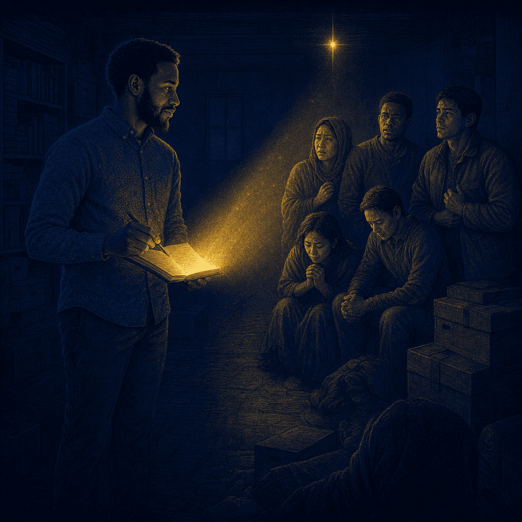 Royal-night inked comic: Isaiah as a journalist, warm gold light spilling from his notebook to lift persecuted believers out of the shadows into view. Journalism as witness.