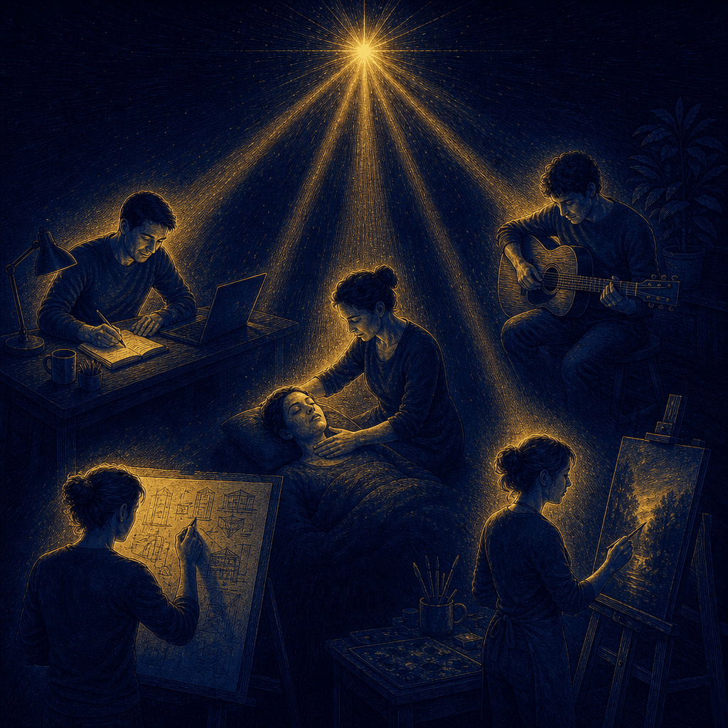 Royal-night inked comic: one gold spark at the top sends beams down onto several people, each absorbed in a different craft (writing, music, healing, sketching, painting), each lit by the same light. Many callings, one Caller.
