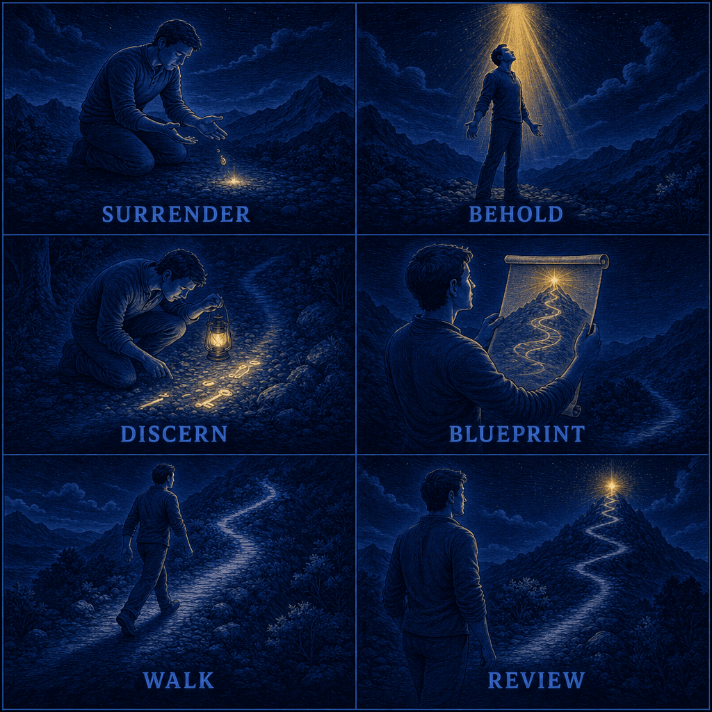 Royal-night six-panel comic strip of the discernment process: Surrender (open, empty hands), Behold (face lifted into gold light), Discern (examining clues by lantern), Blueprint (holding a mapped scroll), Walk (striding a lit path), Review (looking back toward the gold spark at the summit).