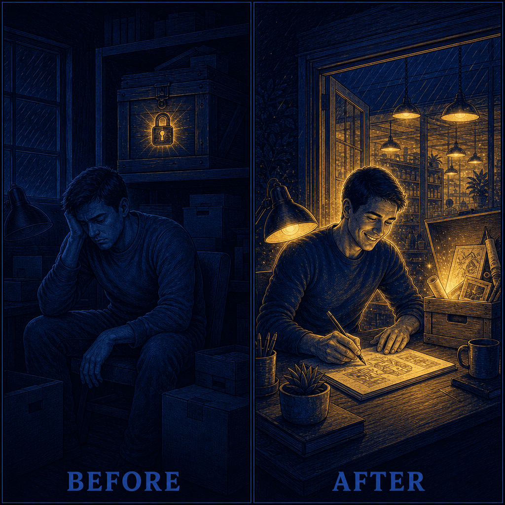 Royal-night two-panel comic. BEFORE: a weary man slumped, his creative gift locked in a padlocked crate behind him. AFTER: the same man glowing gold, alive, drawing at his desk in front of an open lit storefront, his gift released.